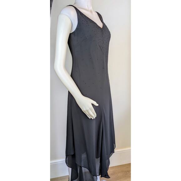 VTG Evan Picone Midi Maxi Dress 6 Black Beaded Sleeveless Sheer Scarf Hem + Wrap - Picture 5 of 12